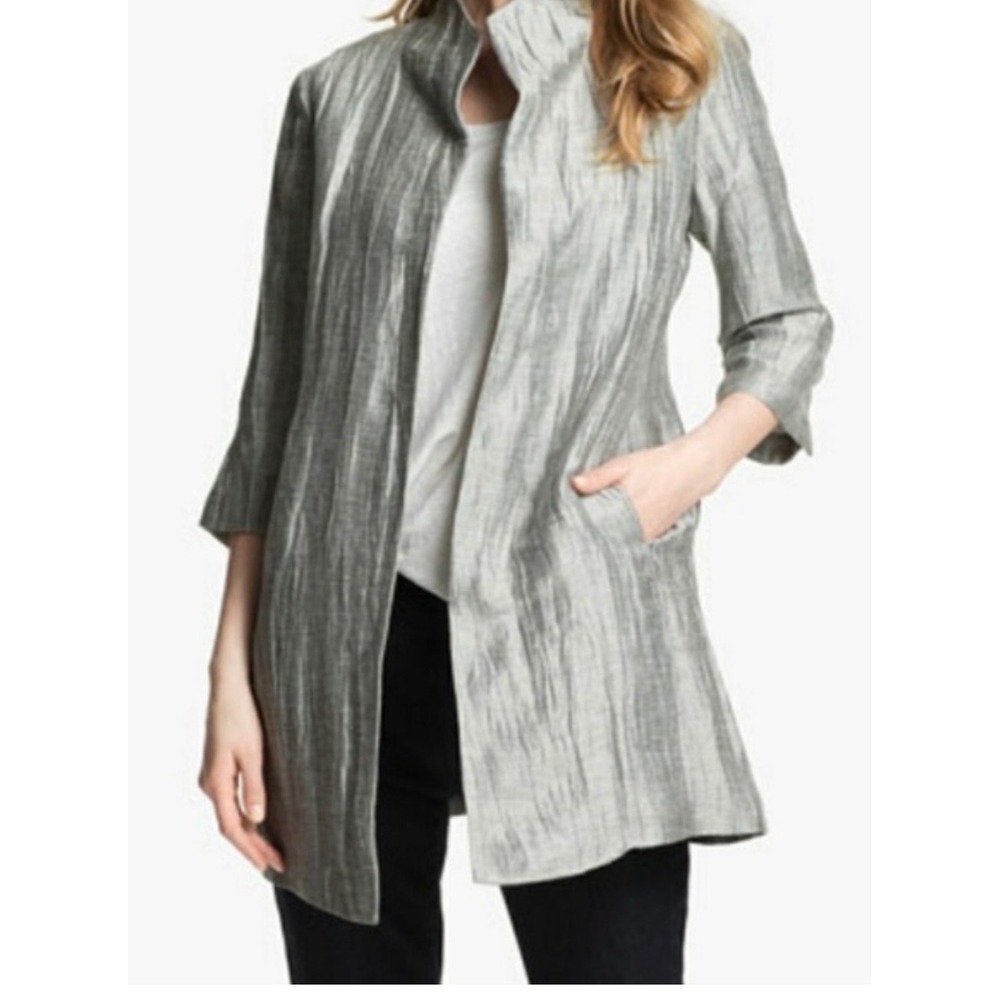 Eileen Fisher Silver Metallic Textured Linen Silk Blend Open Jacket L